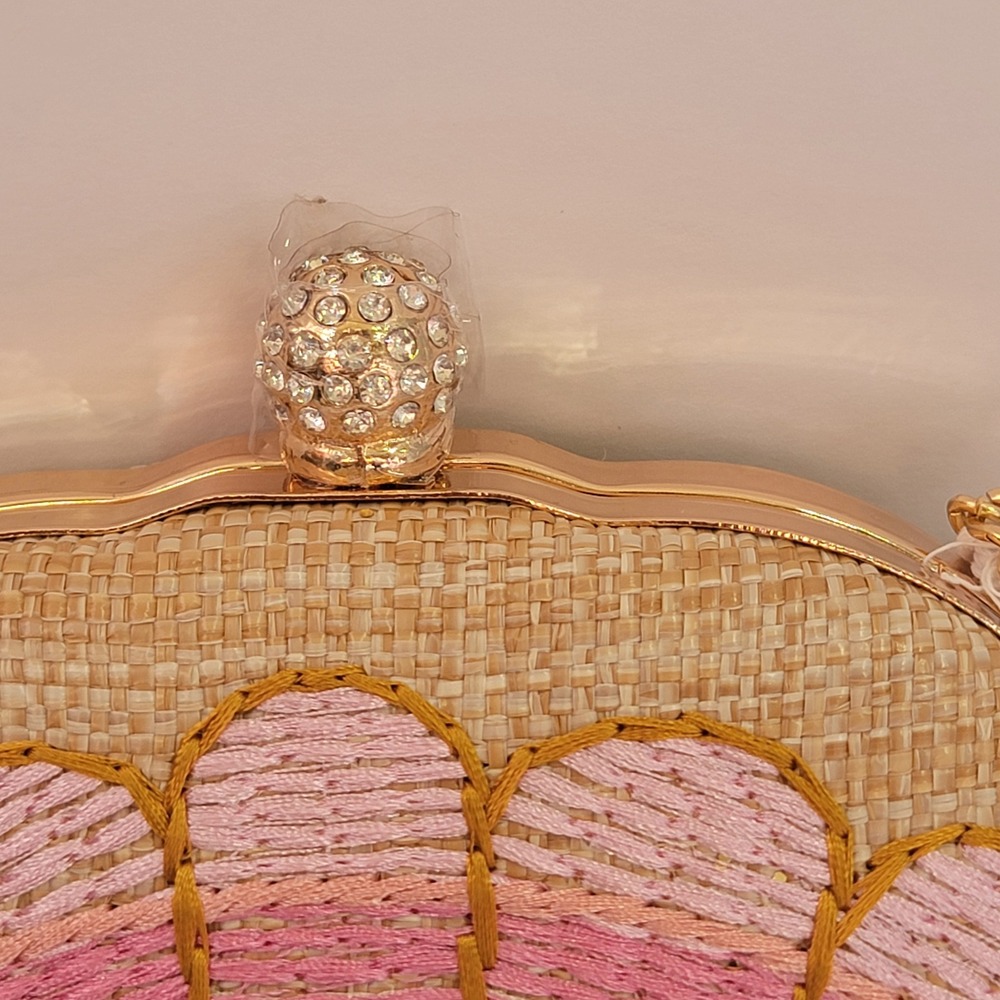 Haute Hippie Style Pink Seashell Embroidered Straw Clutch Crossbody Bag New - Picture 3 of 9